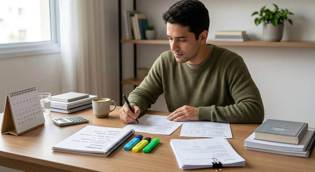 Homem estudando as matérias que caem em concurso em sua casa.