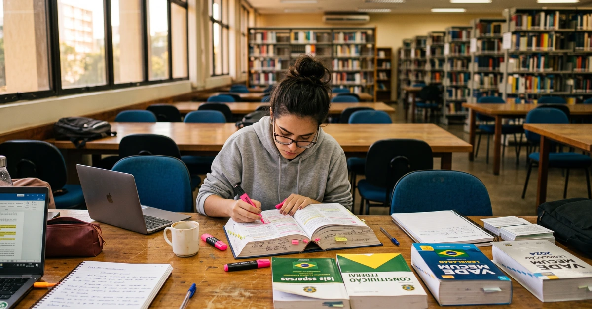 Mulher estudante de Direito focada nos livros e estudo sobre lei 9.784/99