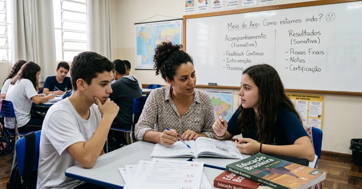 Professora repassando avaliação para alunos em sala de aula.