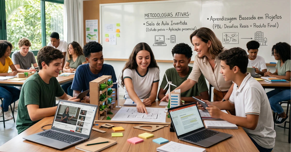 professora com alunos para ilustrar metodologias ativas em sala de aula.