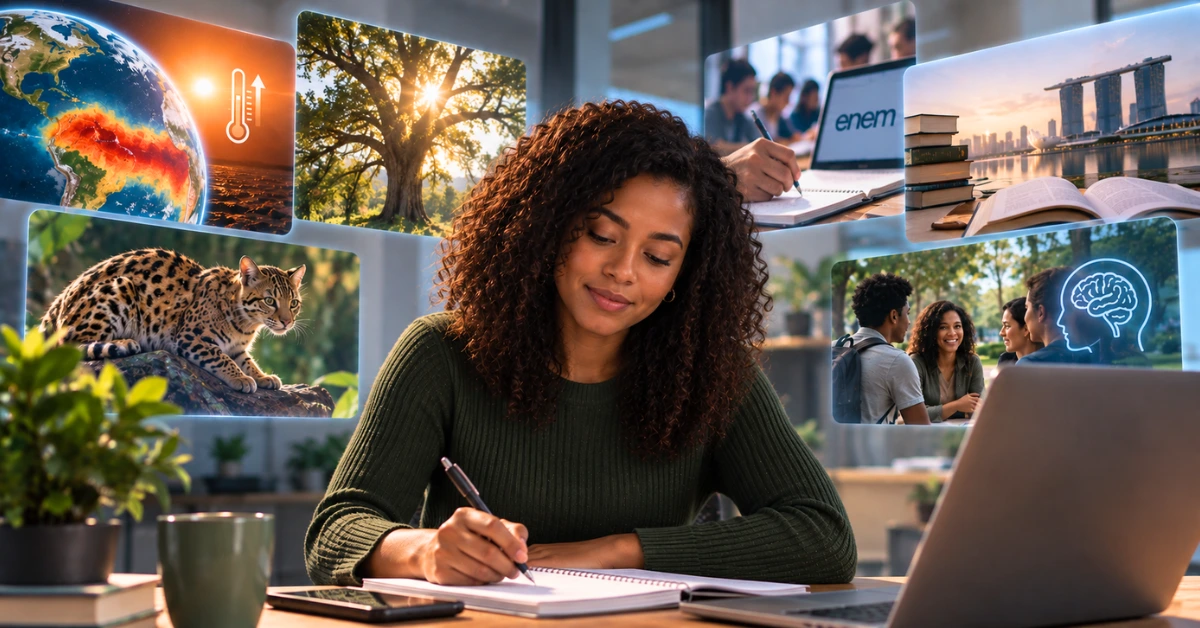 Mulher negra estudando sobre clima, biodiversidade, educação, leitura e saúde do cérebro