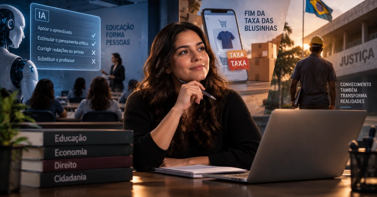 Estudante analisa painéis sobre inteligência artificial, economia e cidadania em ambiente de estudos.