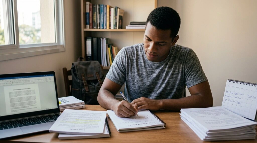 Homem negro estudando para concurso em casa, com materiais, notebook e anotações sobre a mesa.
