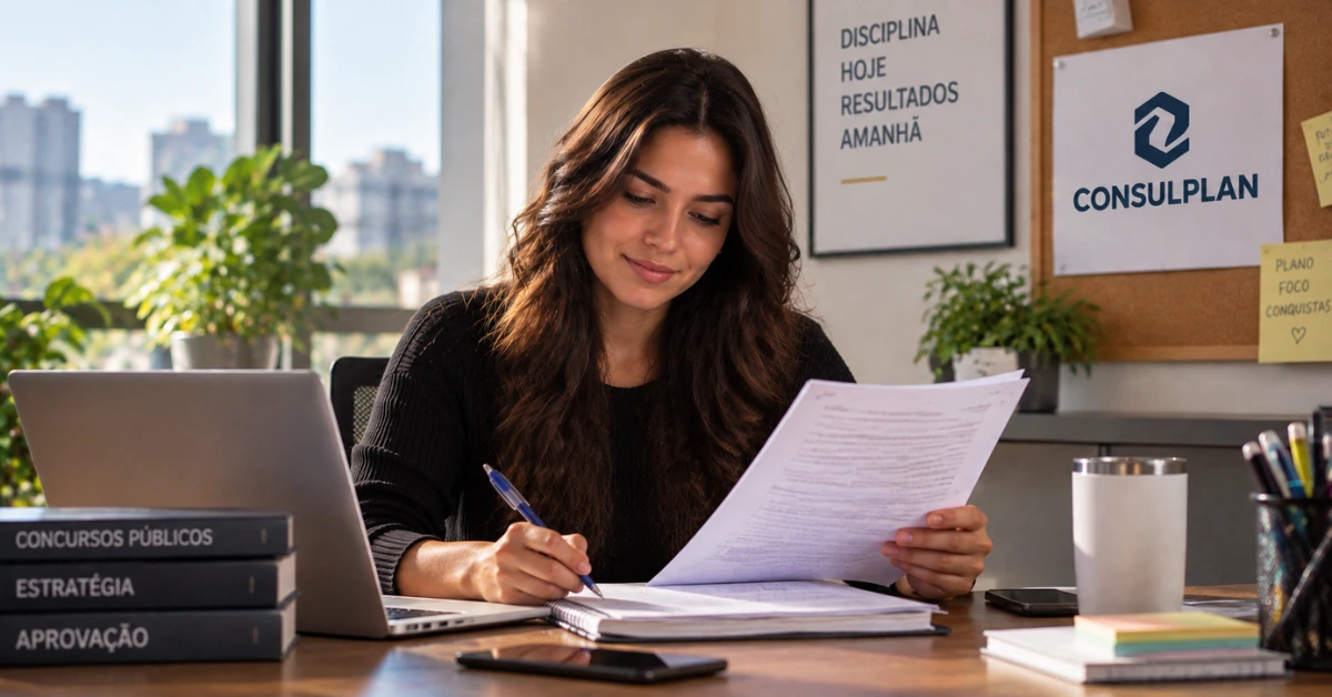 Mulher estuda para concurso em ambiente iluminado, analisando questões e fazendo anotações.