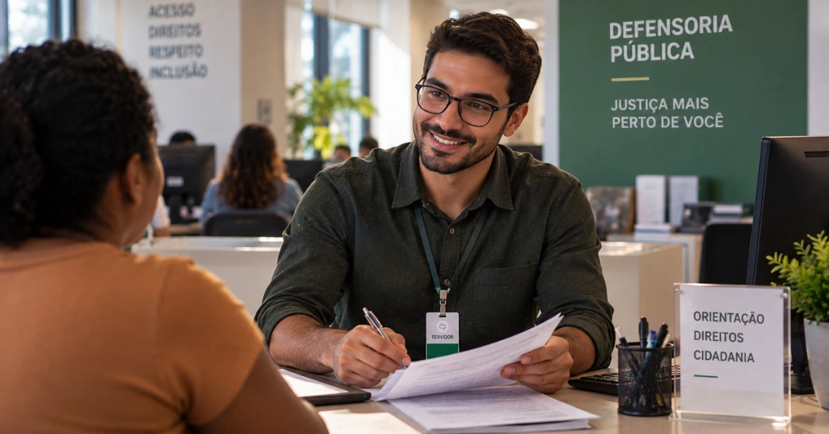 Técnico da Defensoria atende uma mulher em escritório da Defensoria Pública.