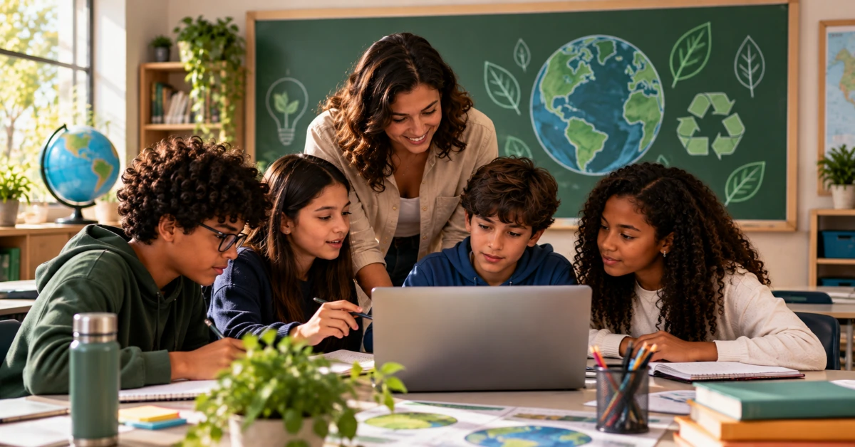 Professora e alunos desenvolvendo projeto interdisciplinar sobre meio ambiente em sala de aula.