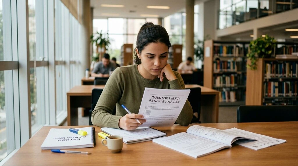 Mulher estudando em biblioteca, analisando questões de concurso e fazendo anotações.