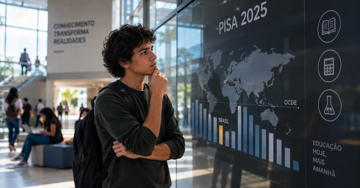 Estudante observa painel com dados do PISA 2025 e indicadores de educação, matemática e ciências.