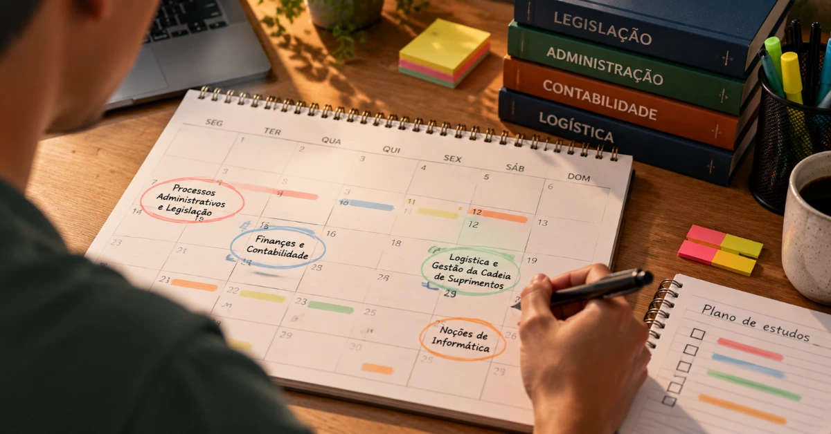 Calendário de estudos com disciplinas e metas organizadas para preparação de concurso.
