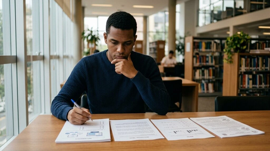 Homem negro resolvendo questões de concurso em uma biblioteca, com provas e anotações sobre a mesa.