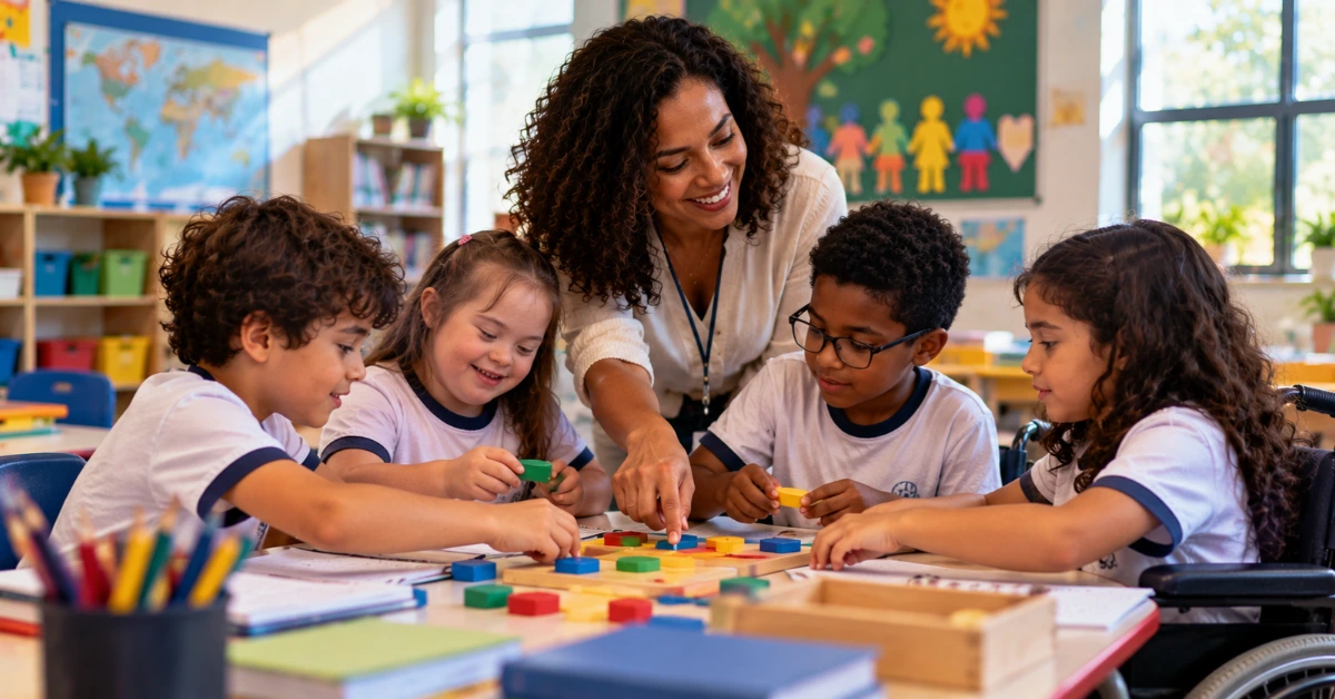 Professora em ambiente de trabalho com criançãs e inclusão.