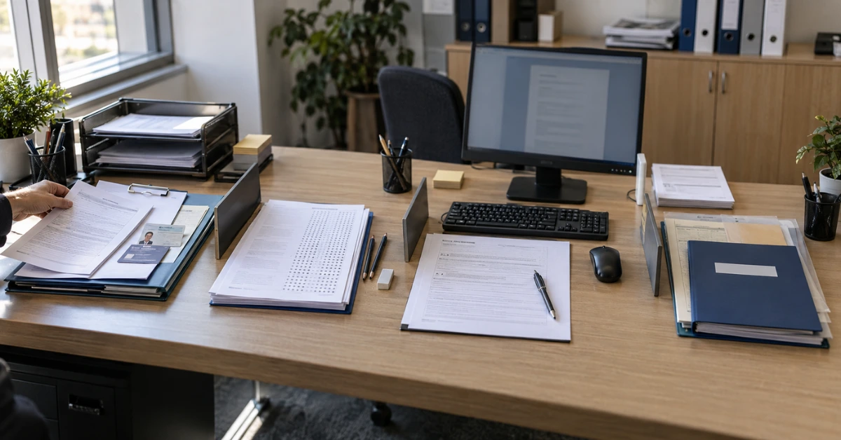 Mesa de trabalho de auxiliar administrativo