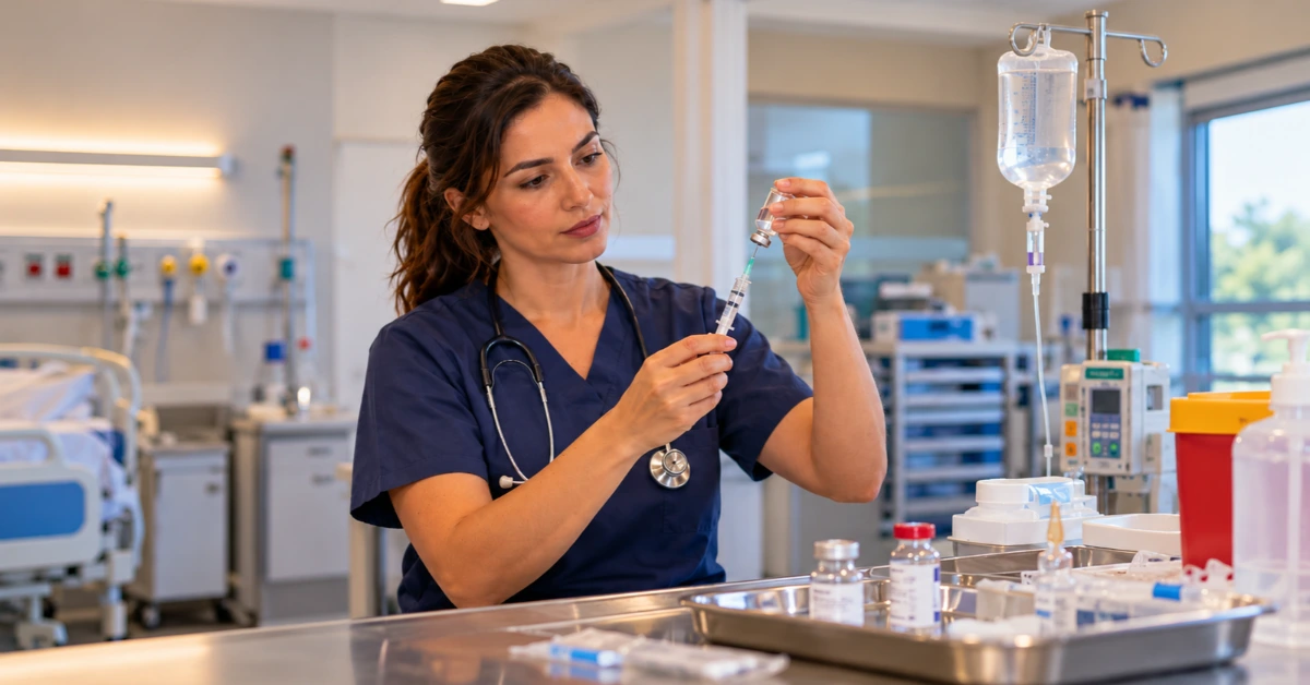 Enfermeira retirando medicamento de frasco com seringa em hospital.