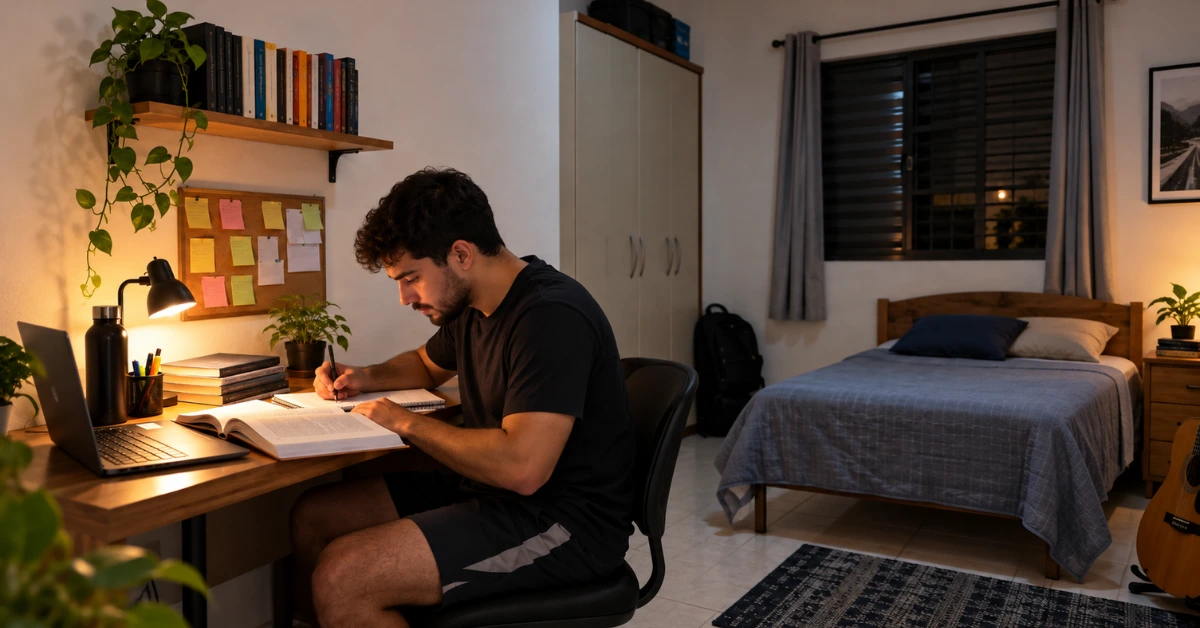 Homem estudando em seu quarto para Concurso Polícia Penal