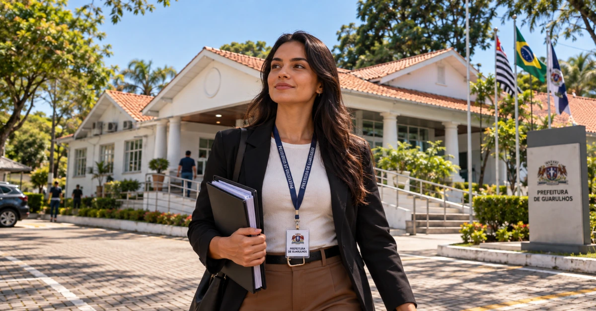 Profissional em frente à Prefeitura de Guarulhos