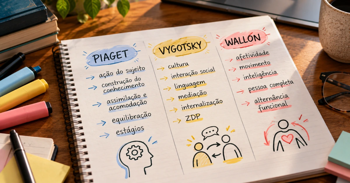Folha de estudo com as diferenças entre Piaget, Vygotsky e Wallon