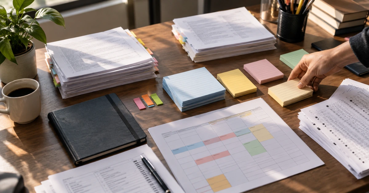Materiais de estudo e prova sobre uma mesa