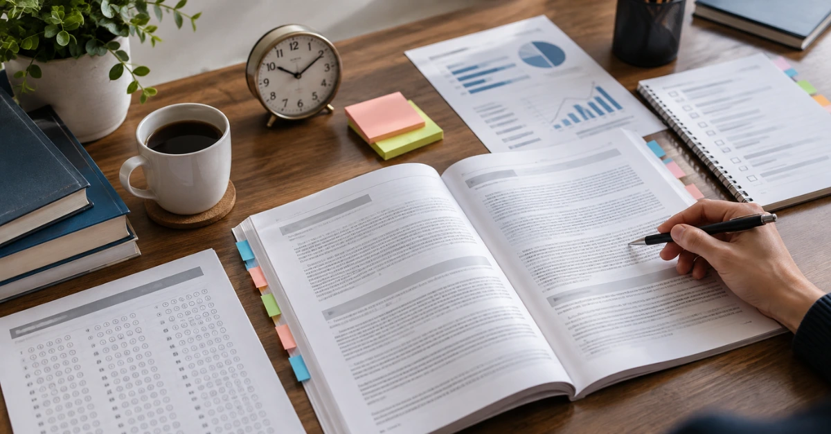Materiais de estudo e prova sobre uma mesa