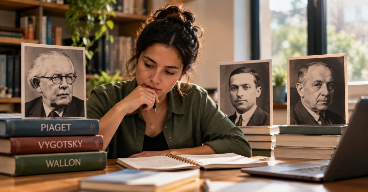Mulher estudando vertentes de Piaget, Vygotsky e Wallon