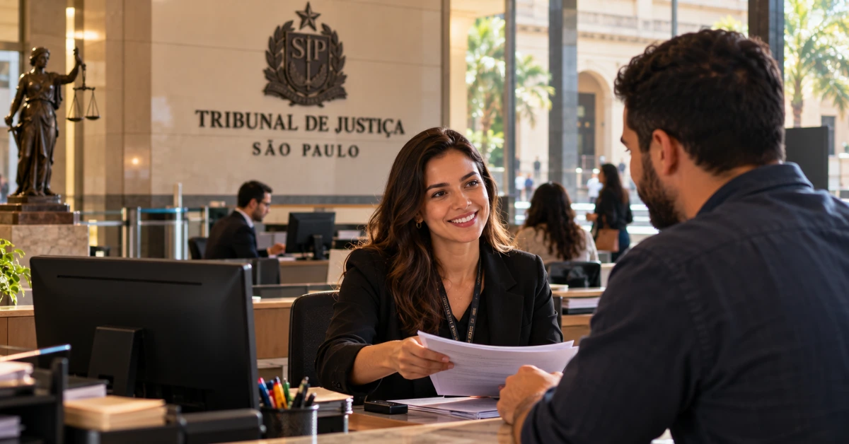 Mulher funcionária do TJ SP falando sobre salários e benefícios.