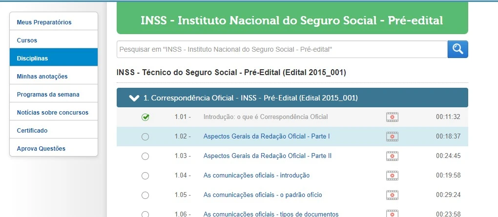 tela do AVA do Aprova Concursos com a lista de aulas
