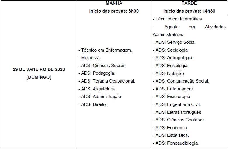 Horario prova SEAS RO