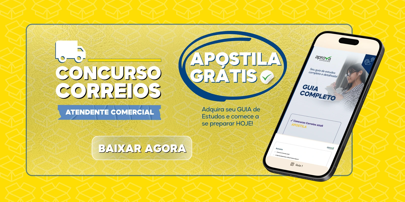 Banner do Aprova que anuncia a Apostila grátis do Concurso Correios.