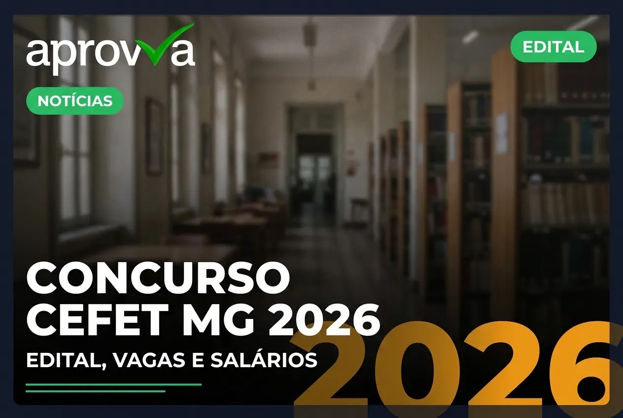 Biblioteca com livros e 'NOTÍCIAS' do Concurso CEFET MG 2026