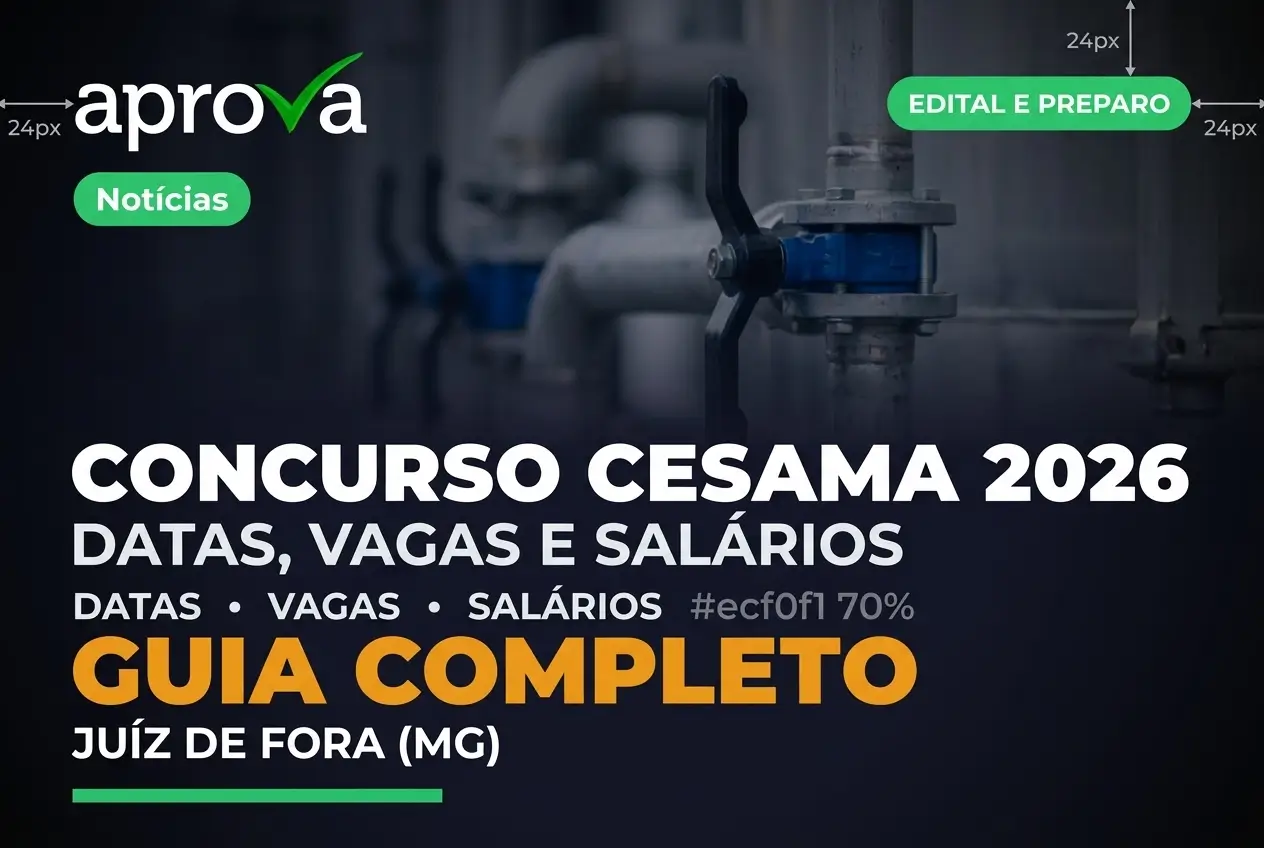 Notícia: O edital do Concurso CESAMA 2026, em Juiz de Fora (MG), oferece 34 vagas com salários de até R$ 9 mil. Veja como garantir sua inscrição!