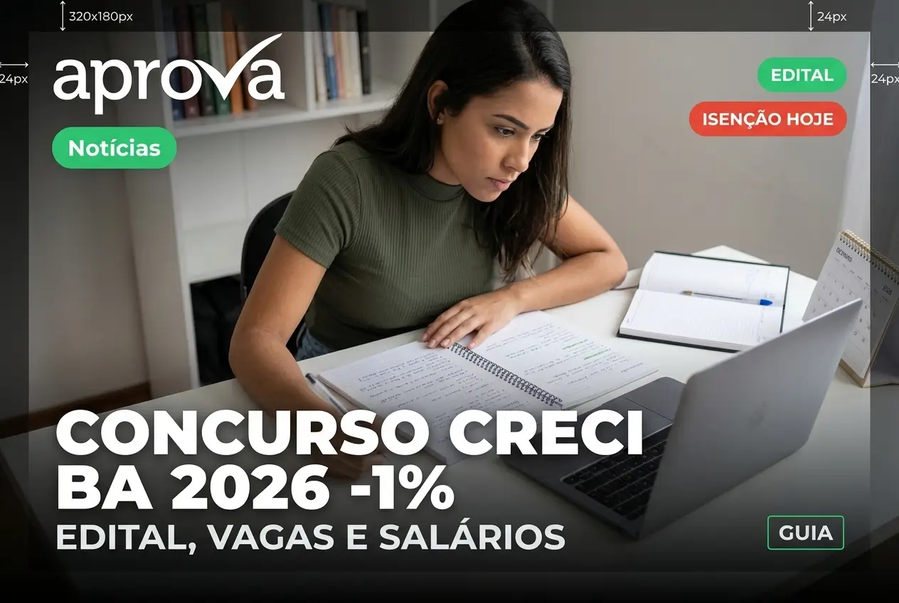 Mulher estudando para Concurso CRECI BA 2026 com notebook e materiais
