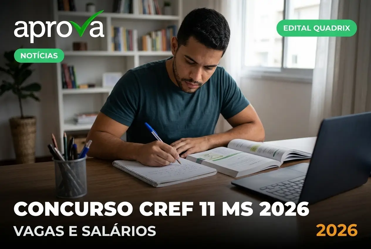 Homem estudando para CONCURSO CREF 11 MS 2026 em mesa com laptop e livros