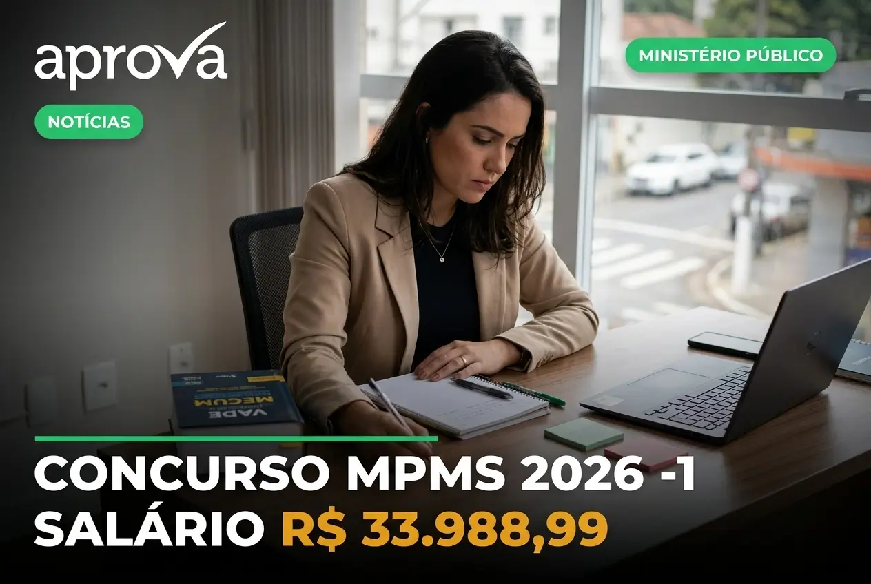 Notícia: Edital publicado para o Concurso MPMS 2026! São 8 vagas para Promotor Substituto com salário de R$ 33.988,99.