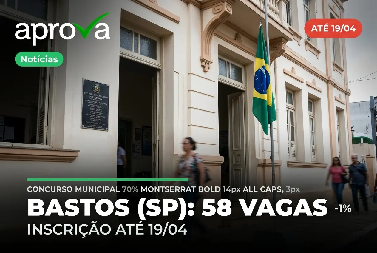 Prédio municipal com bandeira brasileira e informações de concurso