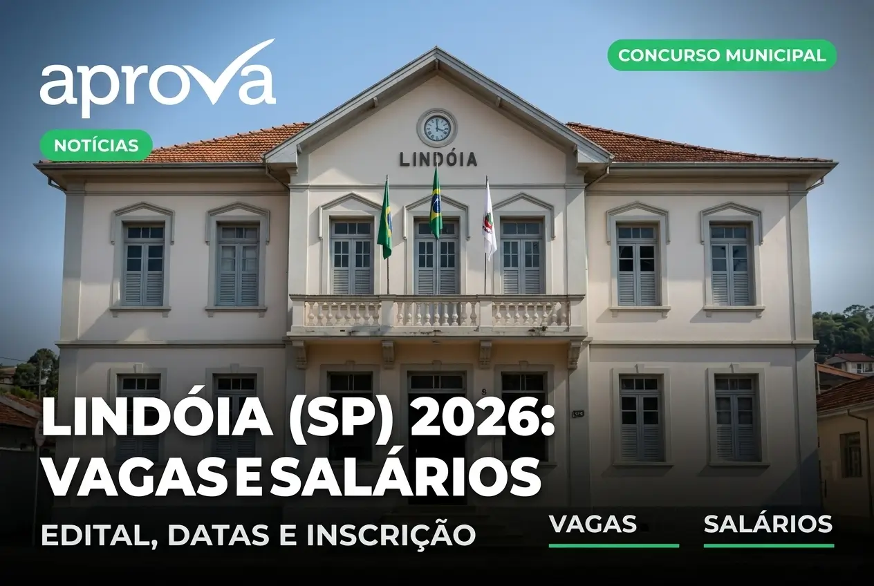 Edifício histórico em Lindóia com bandeiras e informações do concurso 2026