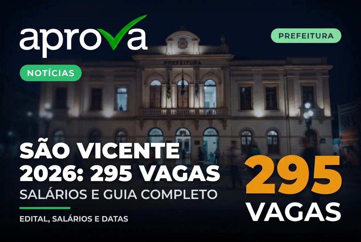Vista noturna da Prefeitura de São Vicente com vagas 2026