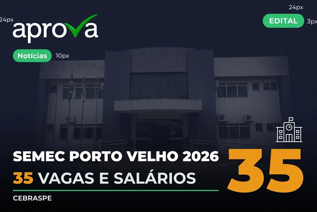 Fachada de instituição com texto 'SEMEC PORTO VELHO 2026' e vagas disponíveis