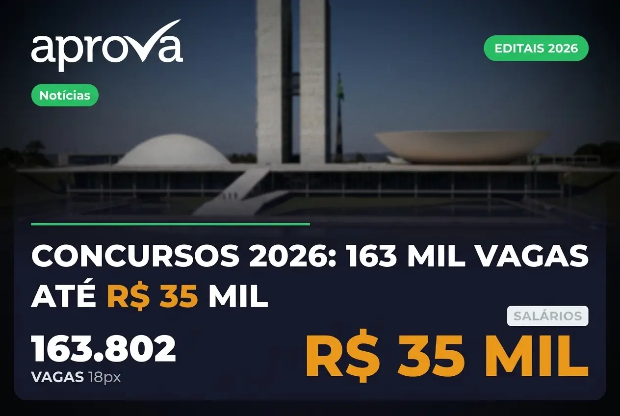 Notícia: O guia definitivo dos Concursos Federais 2026! São mais de 163 mil vagas previstas e salários que chegam a R$ 35 mil.