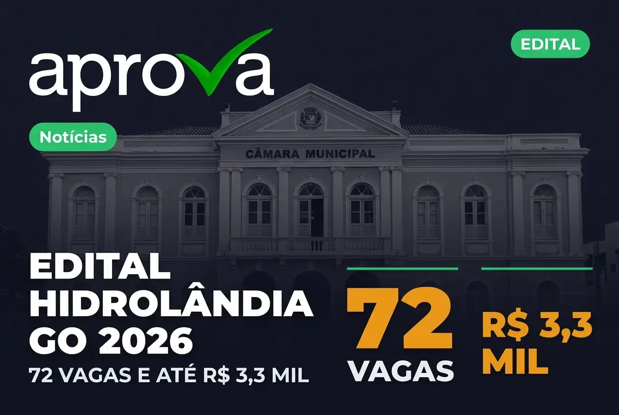 Edital emprego Hidrolândia GO 2026, CÂMARA MUNICIPAL, 72 vagas, até R$ 3,3 mil