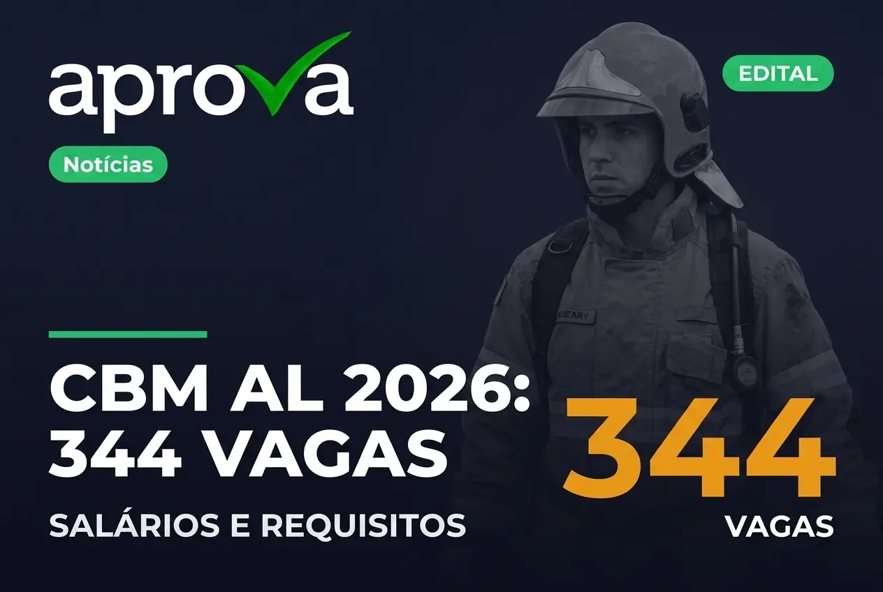 Notícia: Concurso CBM AL 2026 aberto! São 344 vagas de nível médio para Bombeiros com salários de até R$ 11,5 mil. Confira!