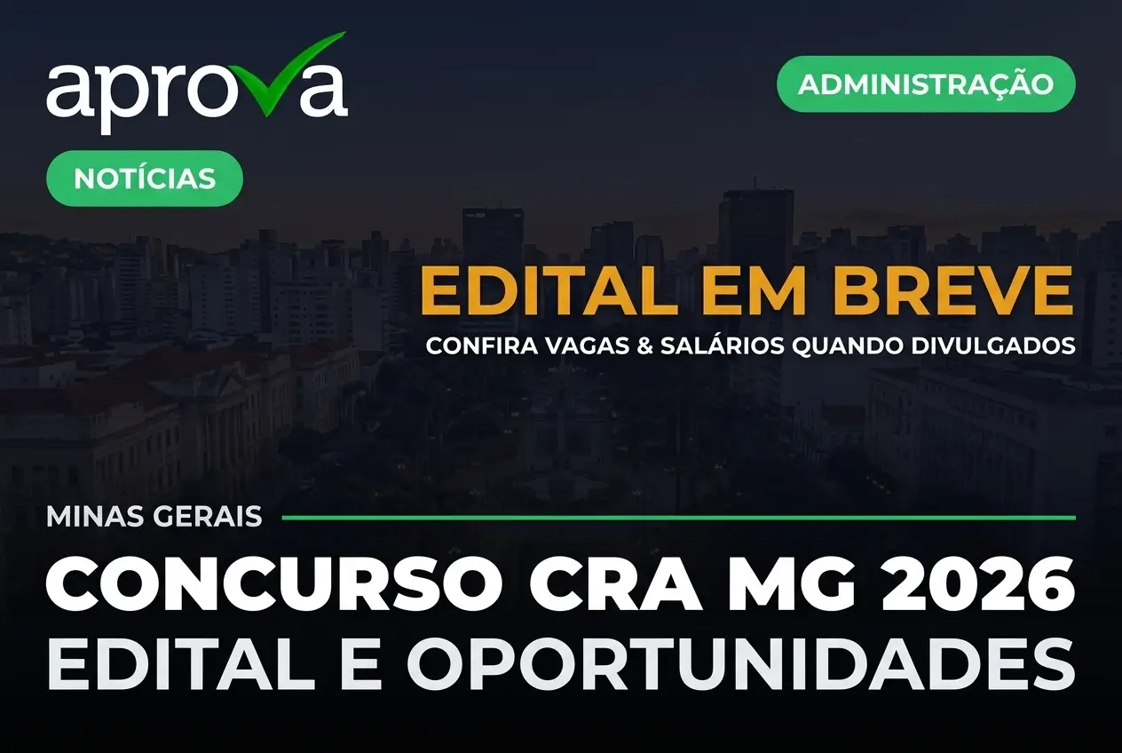 Edital em breve para concurso CRA MG 2026 com skyline urbano