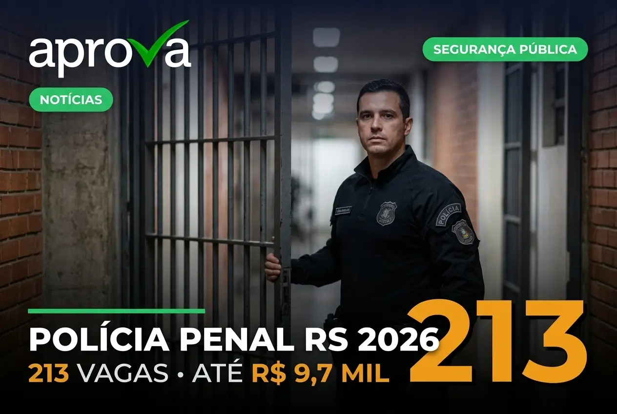 Policial ao lado de cela aberta destacando 'POLÍCIA PENAL RS 2026'