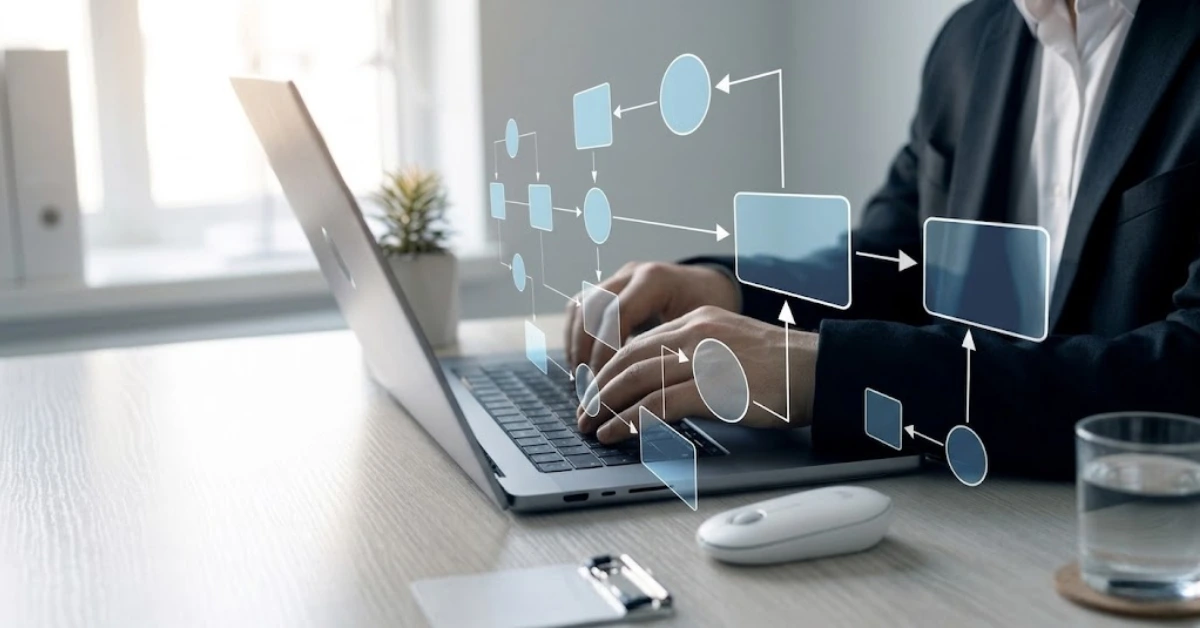 mapas mentais para concursos Home de terno digitando em notebook com hologramas para ilustrar mapas mentais