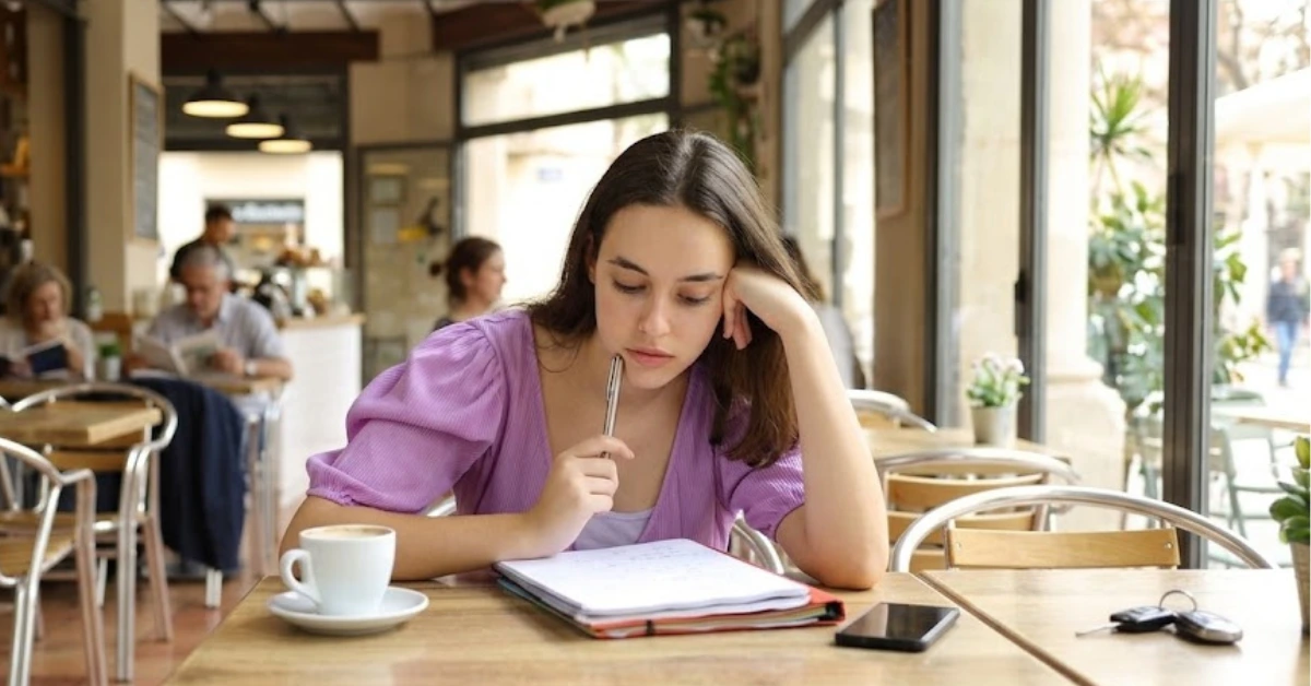 tecnicas de memorizacao para concursos Mulher sentada pensativa com caderno sobre a mesa para ilustrar tecnicas de memorizacao para concursos