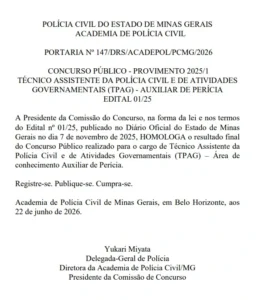 Portaria de homologação do concurso PCMG Administrativo