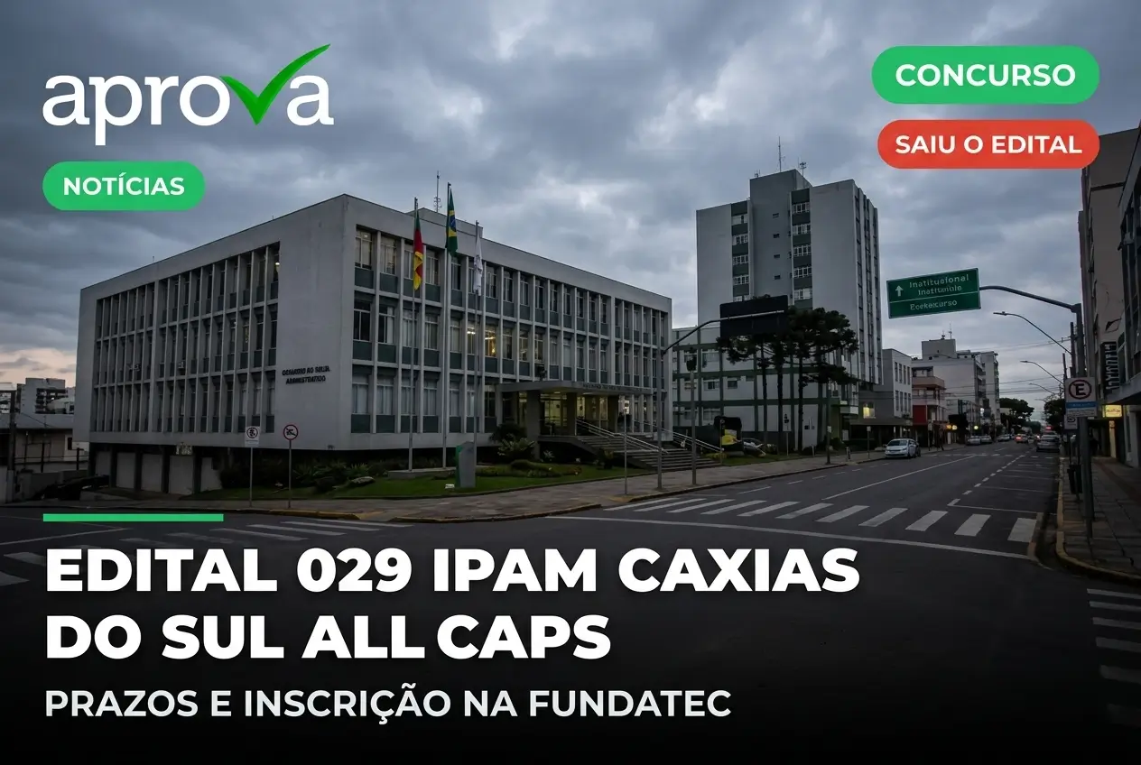 Concurso edital em frente ao prédio moderno em Caxias 2026