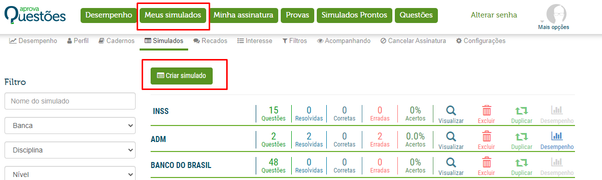 Pergunta frequente sobre simulado